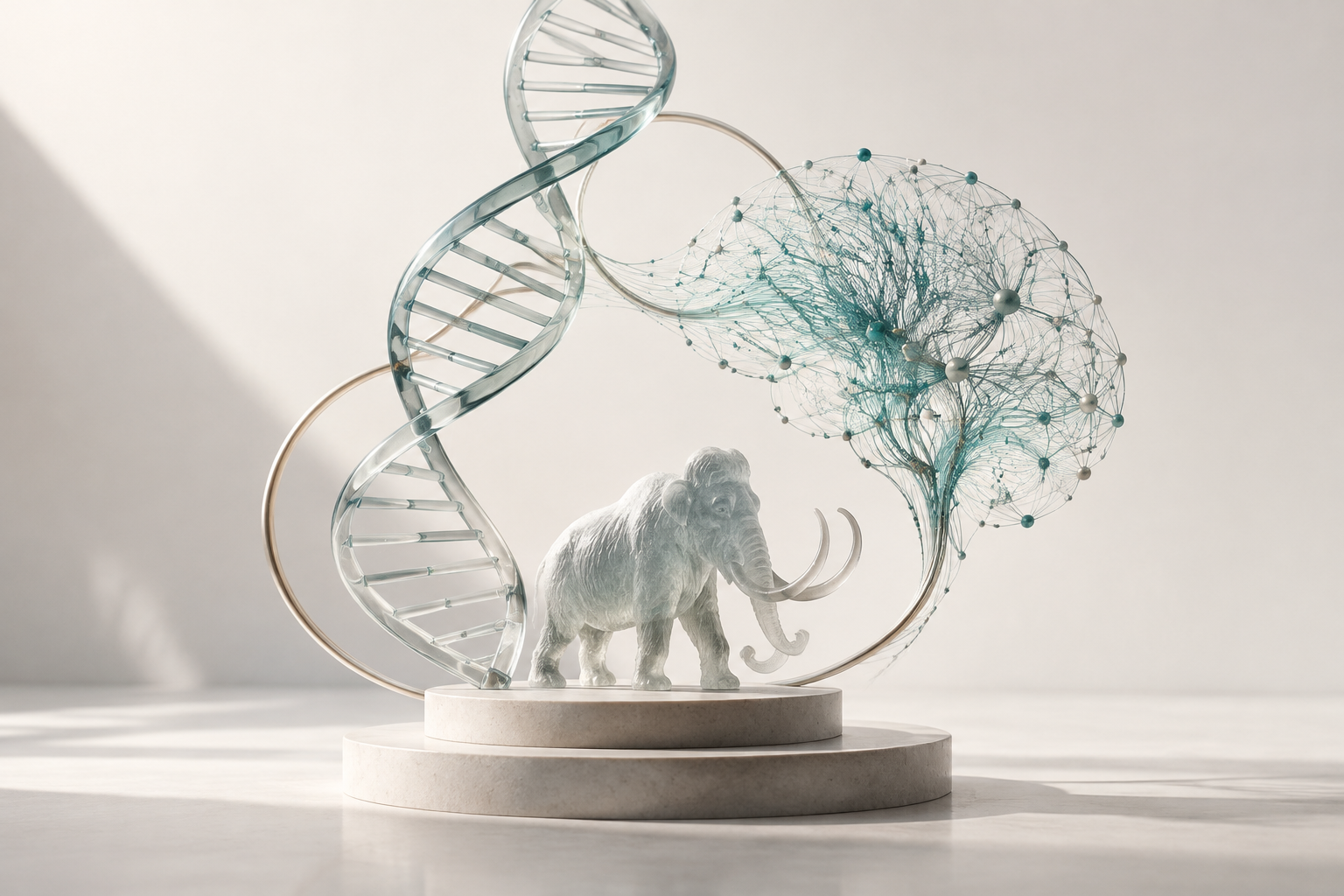 Conceptual illustration of a DNA helix, neural network and glass mammoth